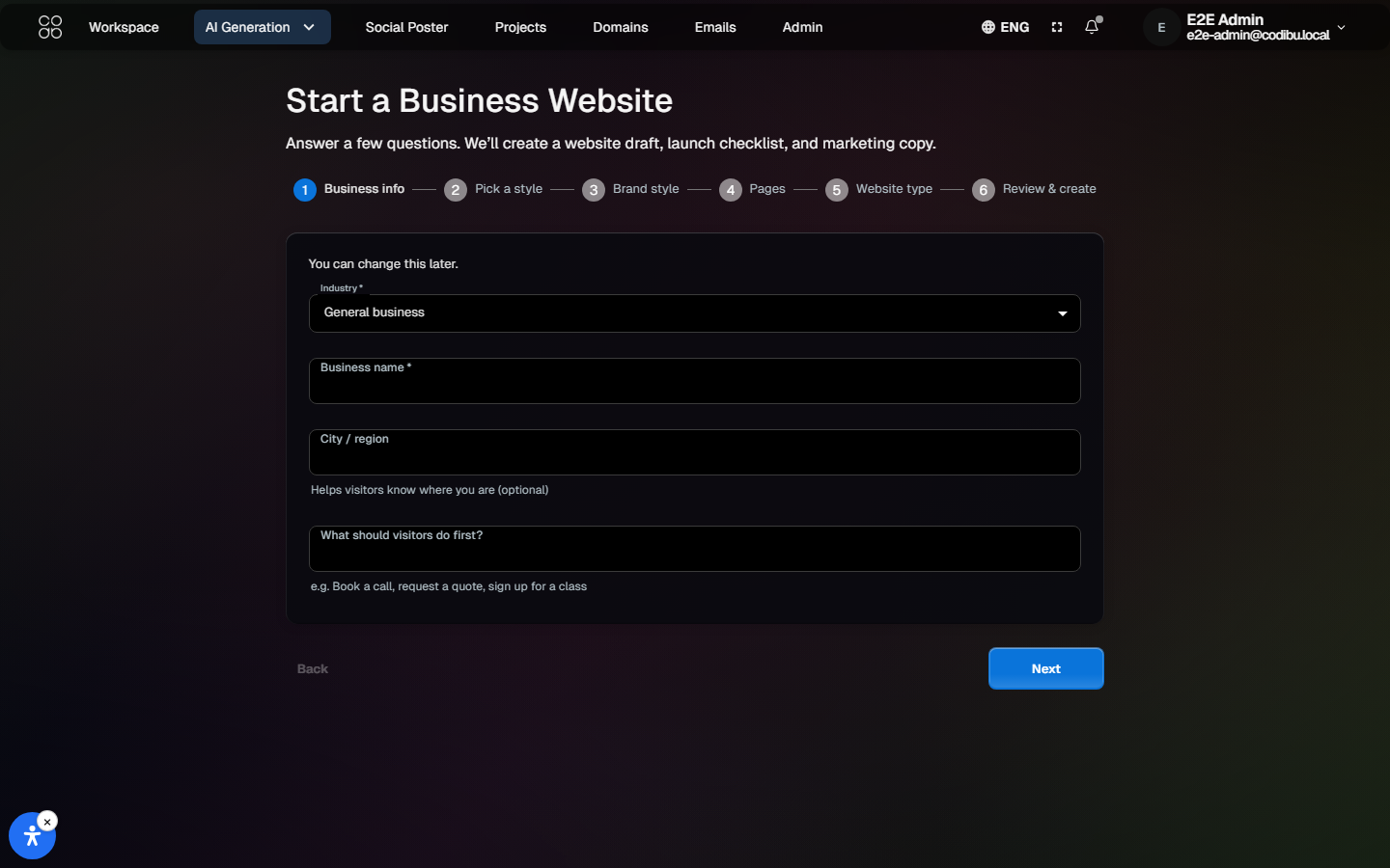 Codibu AI website builder — editable draft workspace
