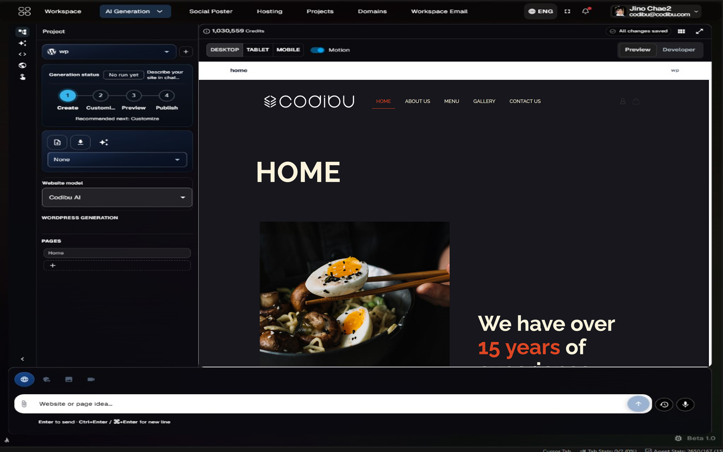 Codibu AI website builder — website draft preview in the workspace