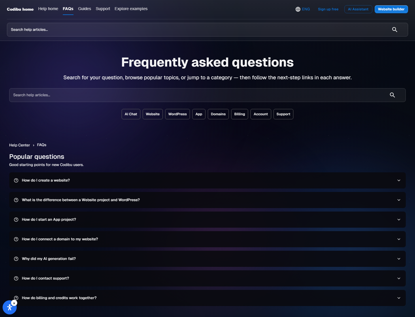 Codibu Help Center FAQ search and category grid
